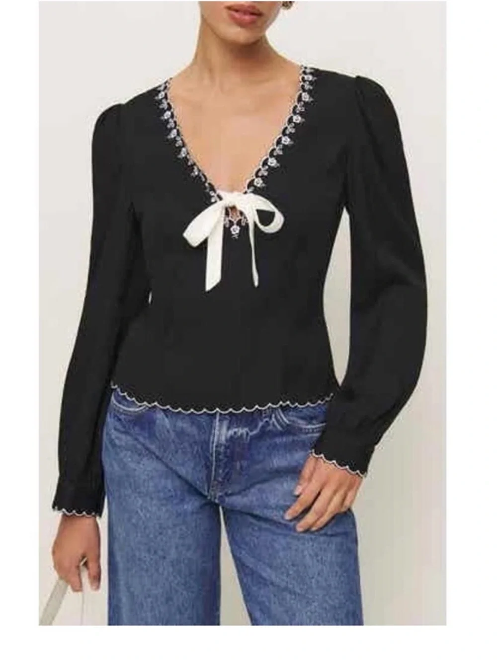 Reformation Black V-Neck Tie-Front Blouse with Cream Bow